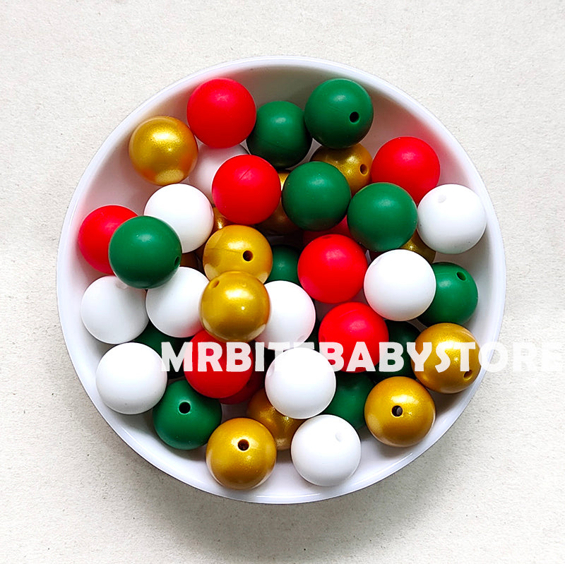 Wholesale 15mm Christmas Assorted Beads,4 Mixed Color Beads,Gold Round Silicone Beads