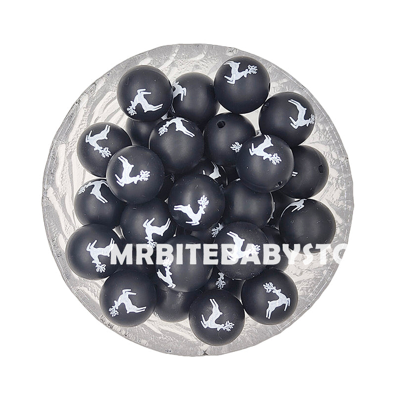15mm Christmas Black Elk Silicone Beads - Round