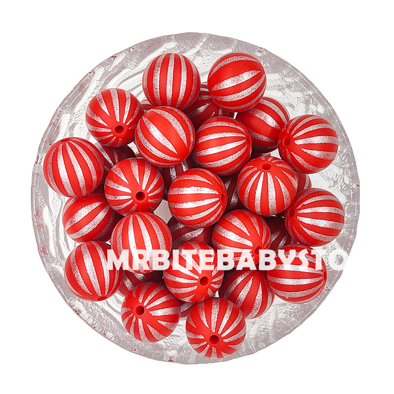 New 15mm Circus Red Stripe Silicone Beads - Round