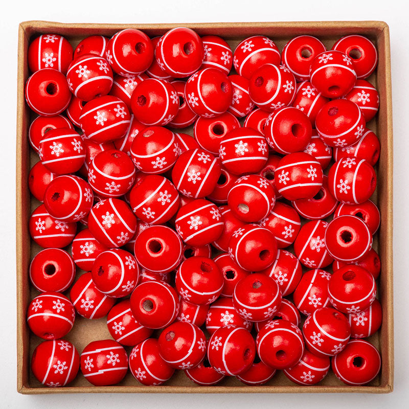 16mm Round Red Snowflake Wood Beads