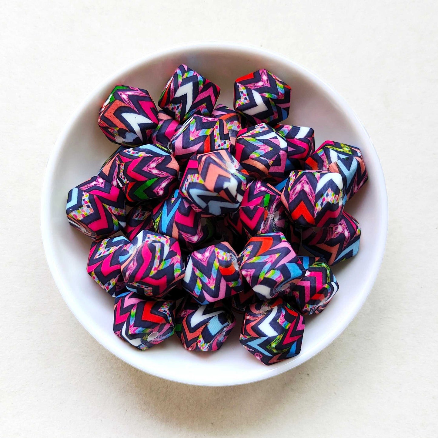 14mm Black Wave Print Silicone Beads - Hexagon - #72