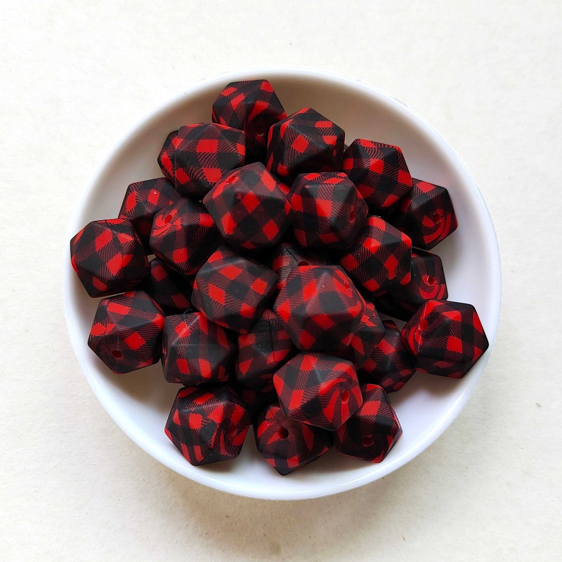 14mm Red Black Plaid Print Silicone Beads - Hexagon - #53
