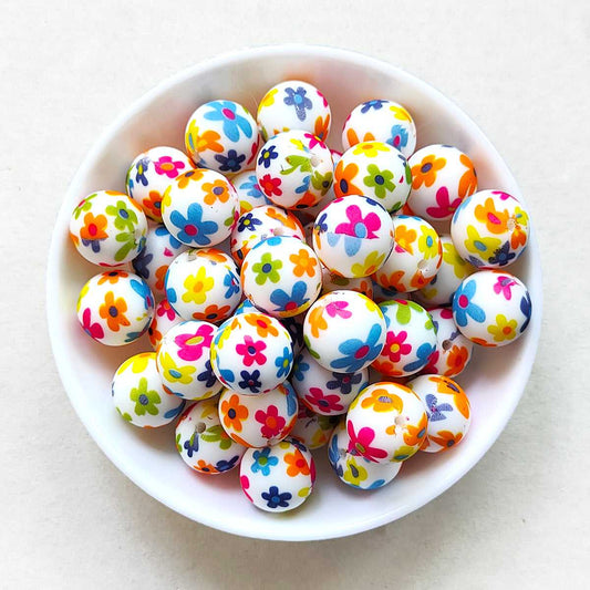 15mm Colorful Flower Print Silicone Beads - Round