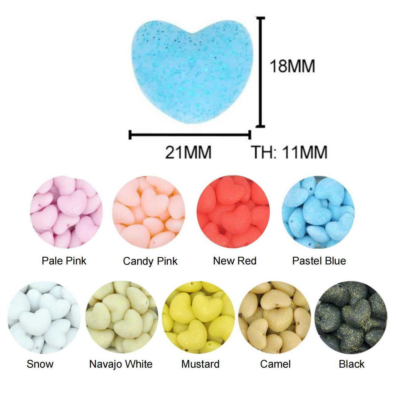 Heart Glitter Silicone Beads - 21*18mm
