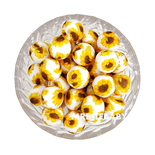 15mm White Sunflower Print Silicone Beads - Round