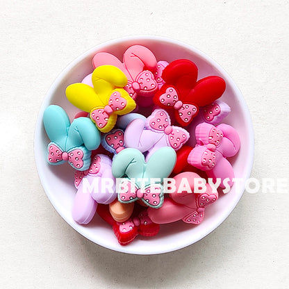10-100Pcs Mix Color Bunny Ears with Bow Silicone Beads - 27*25mm