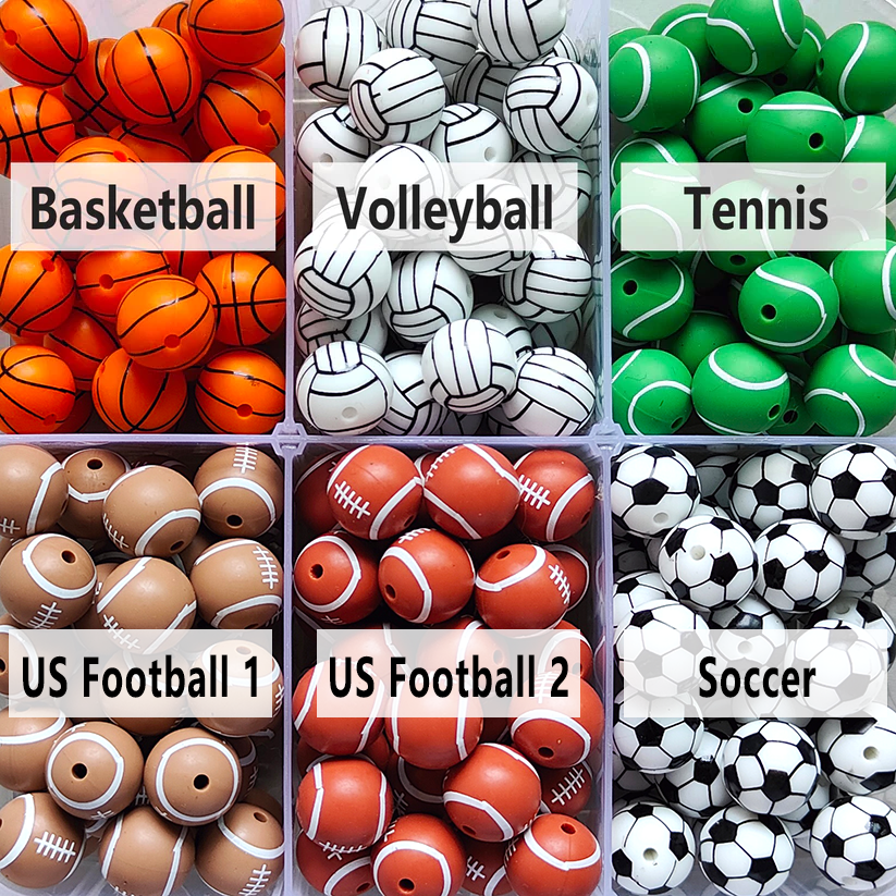 Round 15mm Sports Basketball Volleyball Tennis Soccer American Football Printed Silicone Beads